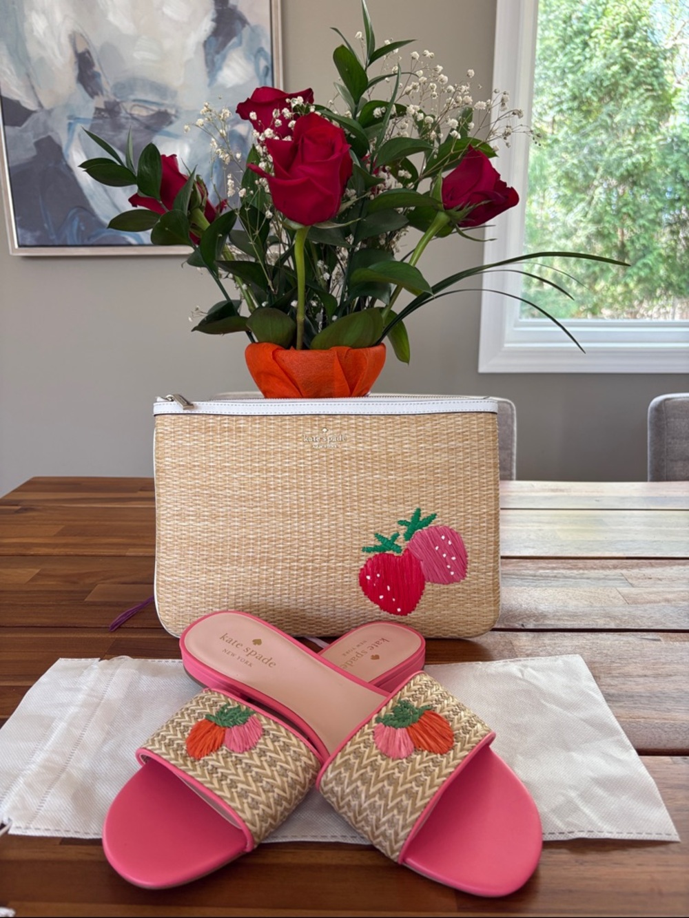 NWT Kate Spade Finefetti Flat Slide Strawberries Woven
Raffia Pink 10B & Clutch